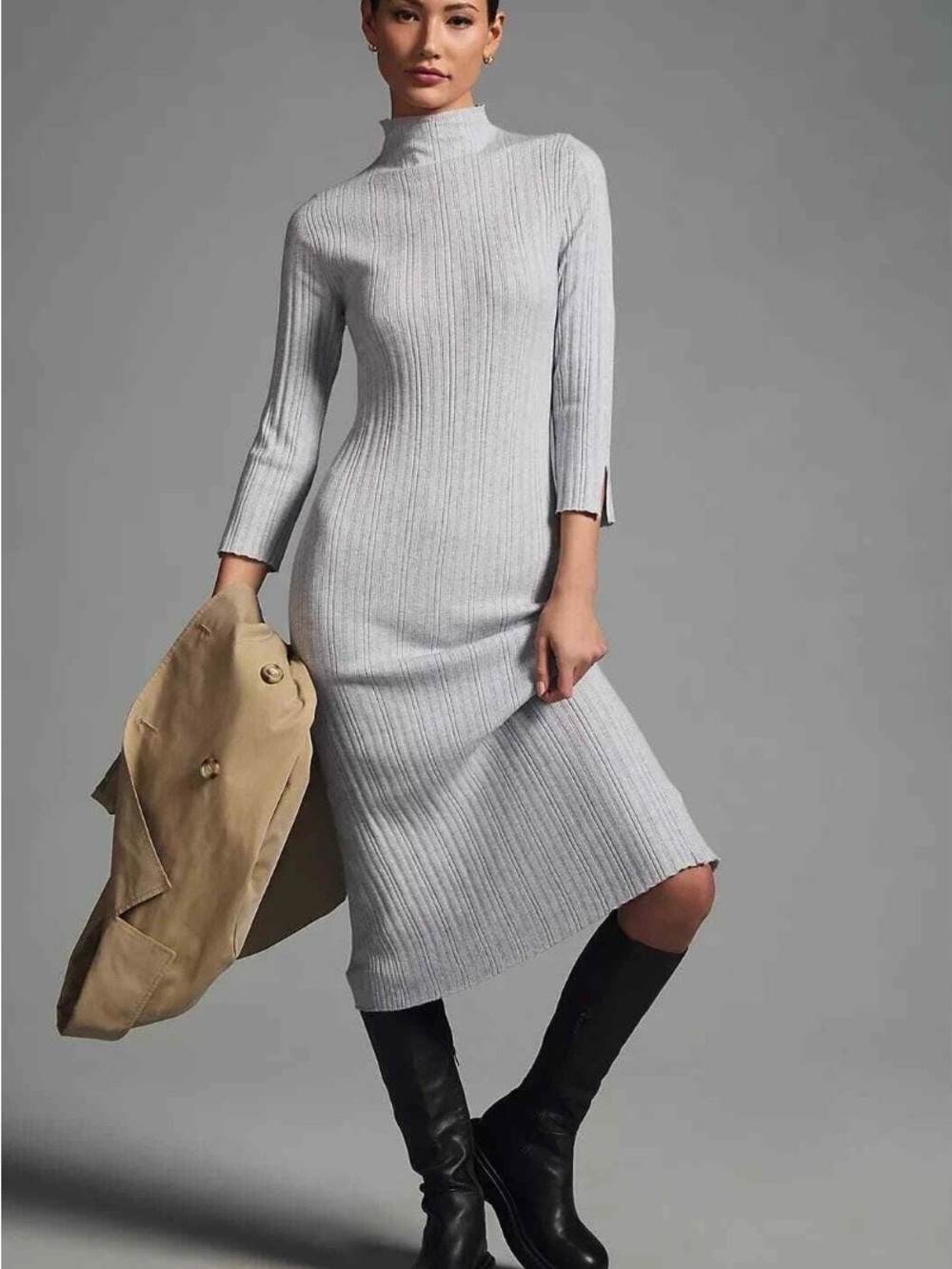 Anthropologie Daily Practice Ribbed Mock-Neck Sweater Dress in Light Gray Large